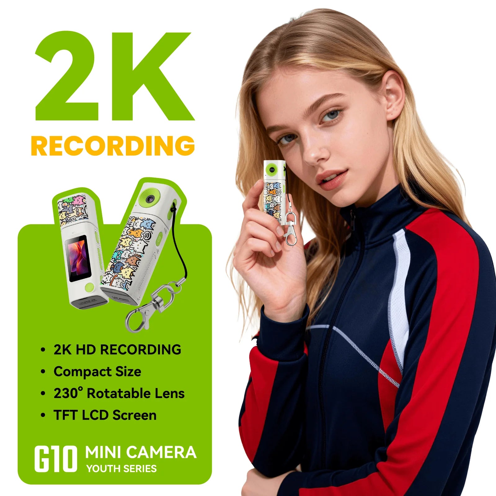 2K HD Thumb Camera, 230° Rotatable Lens with TFT LCD Screen, Lipstick-Style Portable Keychain Camera， Easy Carry for Daily