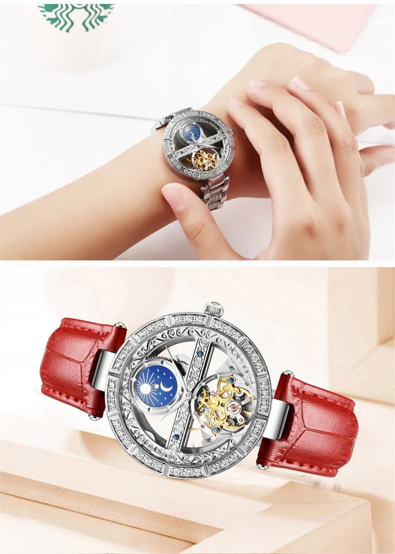 Luxury Women's Waterproof Skeleton Tourbillon Mechanical Watches Night Glow Beauty Elegant Mechanical Watch For Women