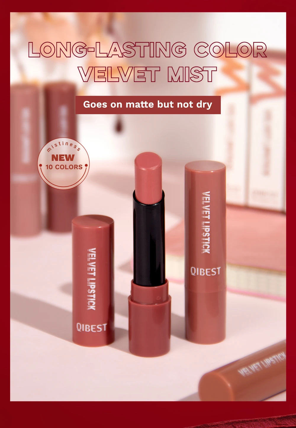 QIBEST Nude Lipstick Matte Lip Gloss High Pigment Makeup Classic Sexy Lipgloss Non-Stick Cup Long Lasting Red Lip Tint Cosmetics