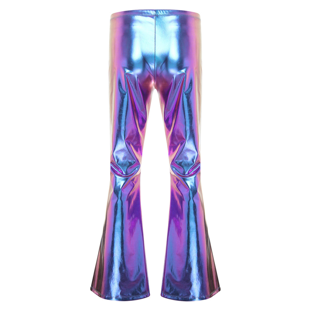 Men Metallic Shiny Flared Pants Retro Disco Costume Elastic Waistband Bell Bottom Trousers Long Pants 70s Party Show Clubwear