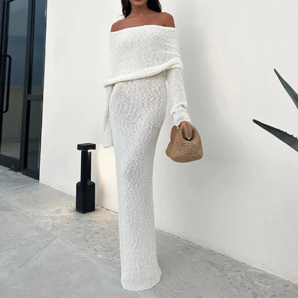 Fashion Style Knitted One-Shoulder See-Through Beachwear Cover Up Women's Beach Vacation Sunscreen Dress Elegant Long Dress