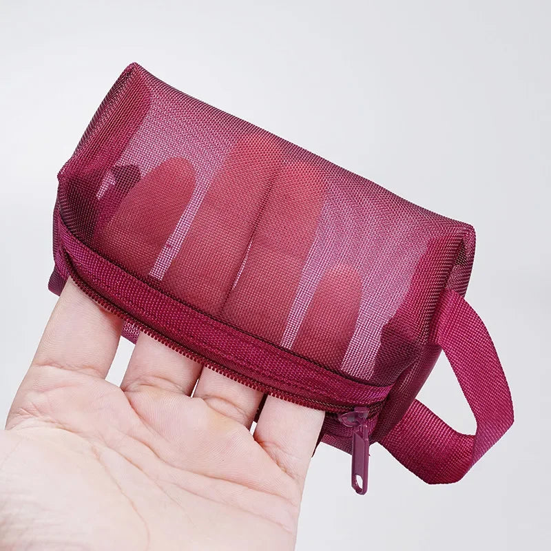 Mini Clear Nylon Mesh zipper Cosmetic Bags Cute Women Small Lipstick Makeup Bags Pouch Data Line Key Earphone Organizer Case