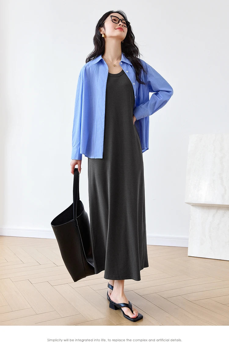 VIMLY Summer Tank Dresses 2026 Woman Simple Gray Cotton Blend Knitted Loose Sleeveless A Line Long Dress Women's Clothing M9852