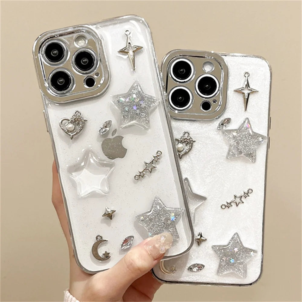 Luxury Silicone Glue Drip Glitter Star Moon Phone Case For iPhone 16 15 14 Plus 13 12 11 Pro Max Cute 3D Clear Shockproof Cover
