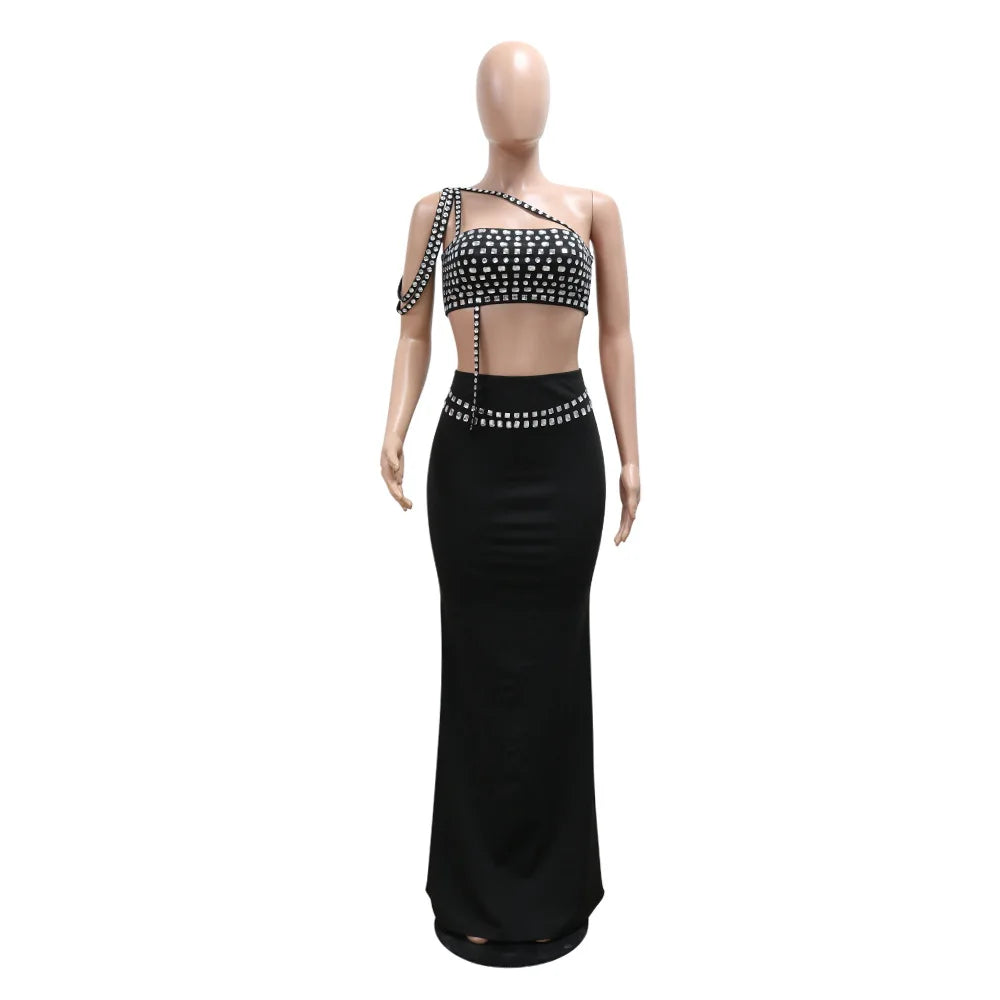 Women Dress Sets Floor Length Buttocks Skirts Two Pieces Set Matching Sets Diamonds Camisole High Street Party Night Evening