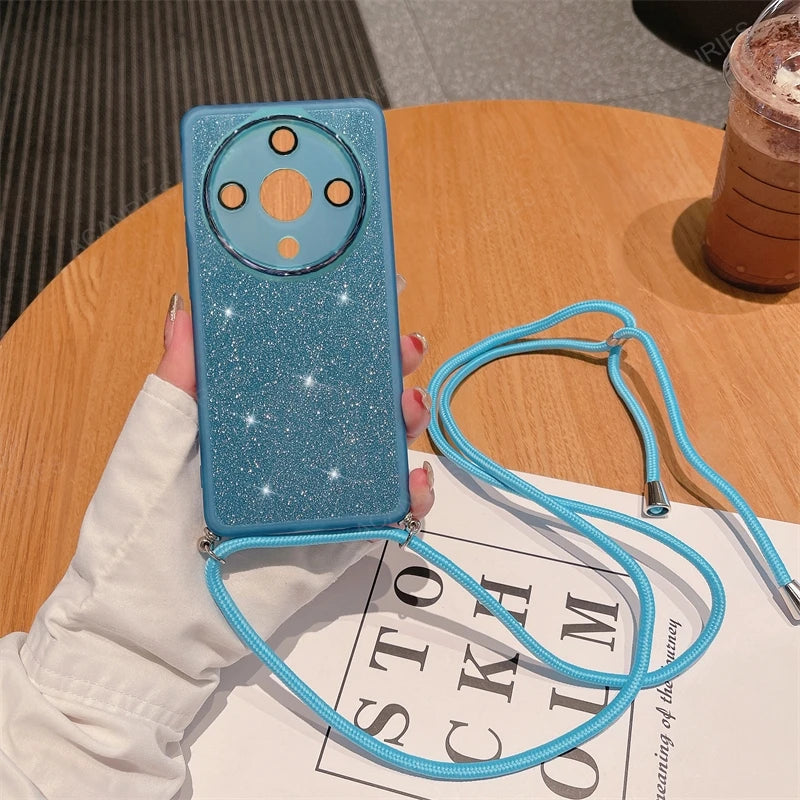 For Honor Magic 7 Lite 5G 6 5 4 X9c X7c X9b X8b X7b X9a Crossbody Lanyard Clear Glitter Silicone Soft Case Mgic7Lite 7lite Cover