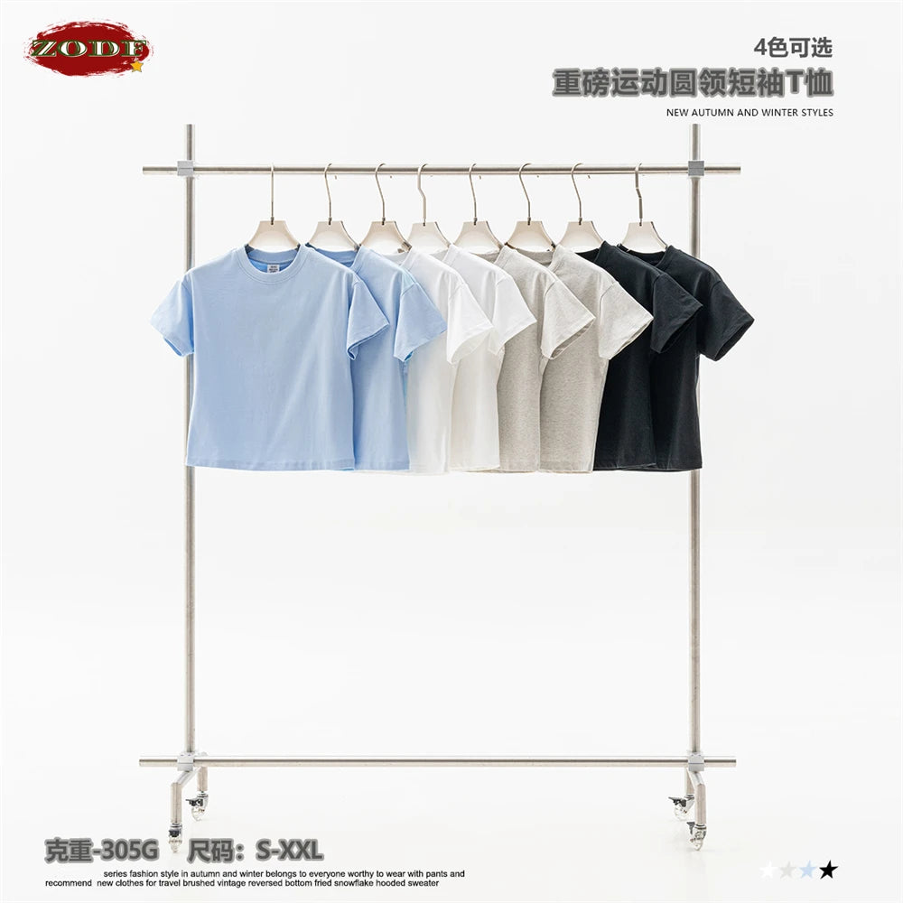 ZODF Women 2025 Spring 305gsm Cotton T-Shirts American Retro Hotsweet Girl Solid Comfortable T Shirt Brand Tees HY0968