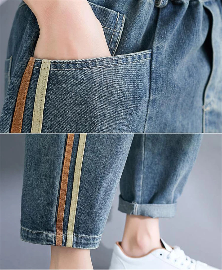 Light Blue Baggy Harem Jeans Mom Elegant Casual Elastic Waist 86-90cm Capris Denim Pants Korean Fashion Chic Cowboy Pantalones