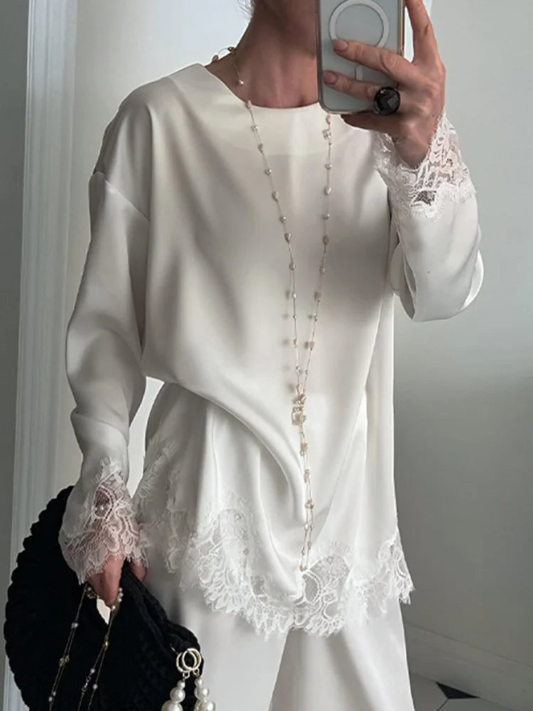 Elegant Modest Blouse Designers Satin Lace Retro Women Tops Spring Romantic Casual Chic Fashionable Streetwear