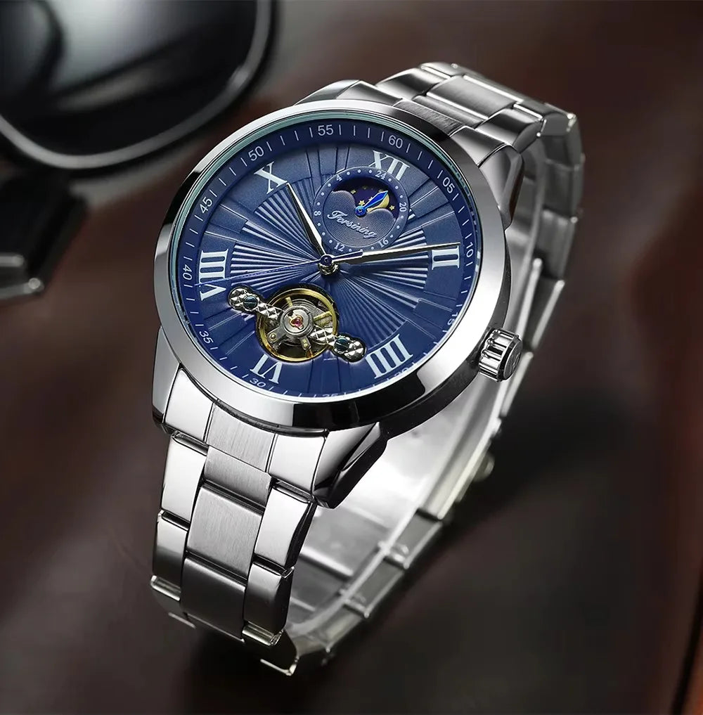 Forsining Men's Automatic Tourbillon Moon Phase Mechanical Watch Stainless Steel 3ATM Waterproof Luxury Design Business Style