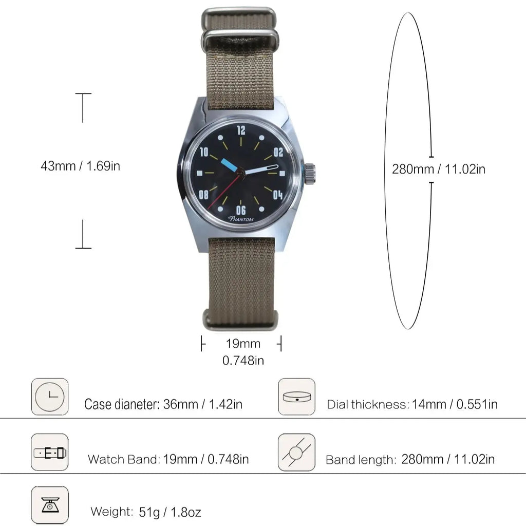 PHANTOM Men's 7120 Hand-Wind Mechanical Watch Men 36mm Retro Business Timepiece Classic Simple Couple Watch