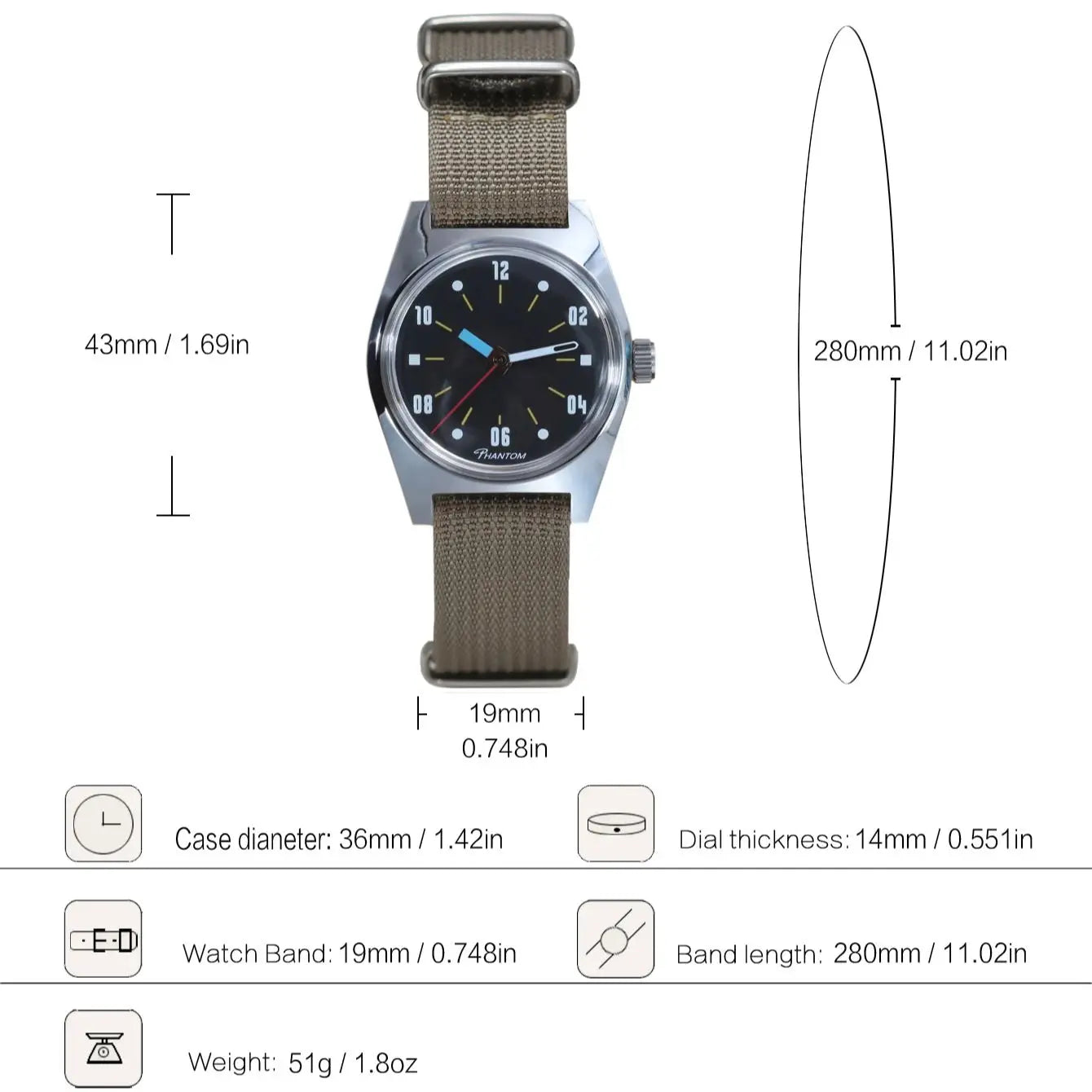 PHANTOM Men's 7120 Hand-Wind Mechanical Watch Men 36mm Retro Business Timepiece Classic Simple Couple Watch