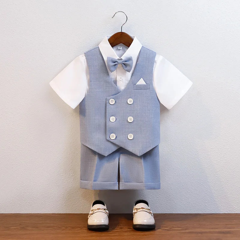 JUCPKID Kids Boys Summer Vest Shorts Suit Formal Elegant Children Boys Wedding Suit Junior Boys Blue Gray Short-sleeved Vest Set