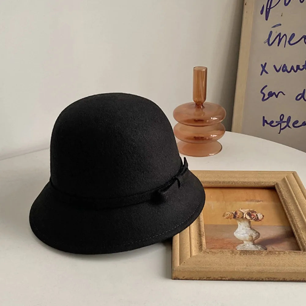 Retro Hepburnesque Felt Formal Hat Panama Cap Wealthy Heiress Style Bowknot Bucket Hat British Style Travel