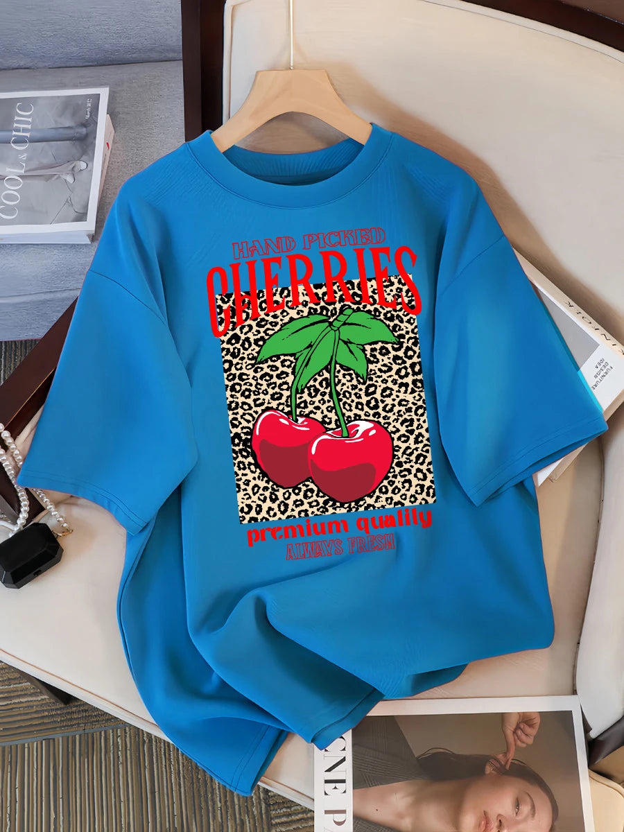 Hand Picked Cherries Always Fresh Printing T-Shirt Women Cotton Crewneck T Shirts Summer Loose Clothes Multicolor Short Sleeve