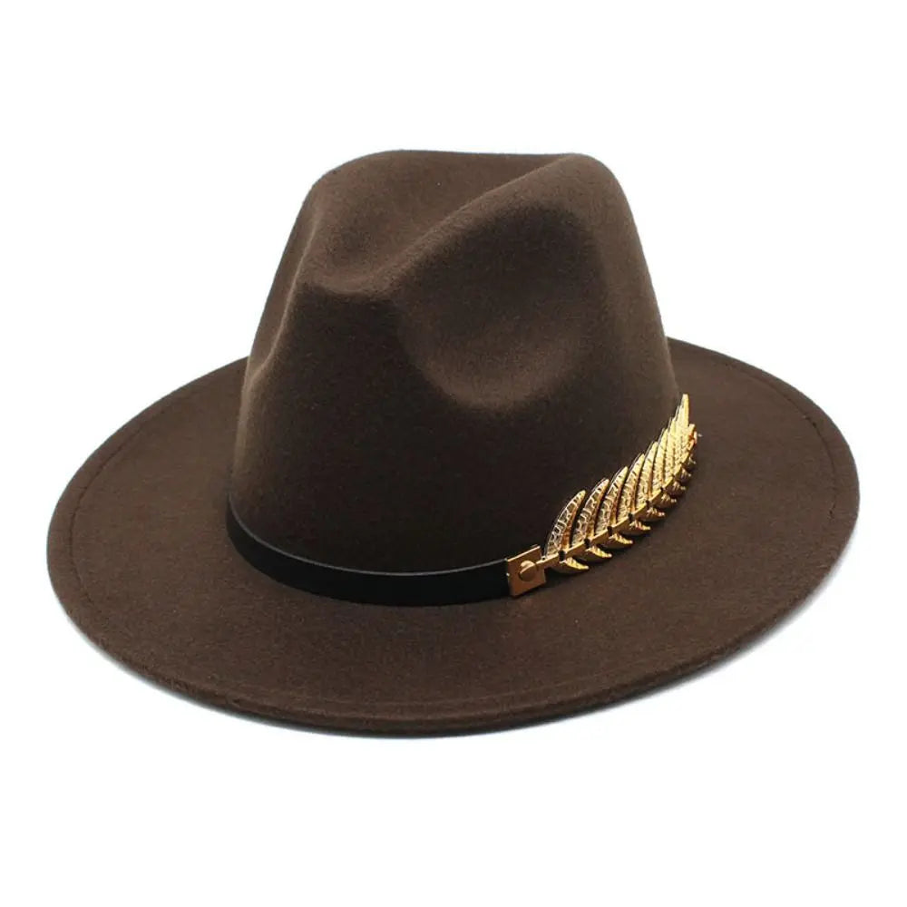 Large Brimmed Woolen Hats Formal Occasion Leaf Decoration Fedora Hat Performance Cap Casual British Vintage Hats Men Women