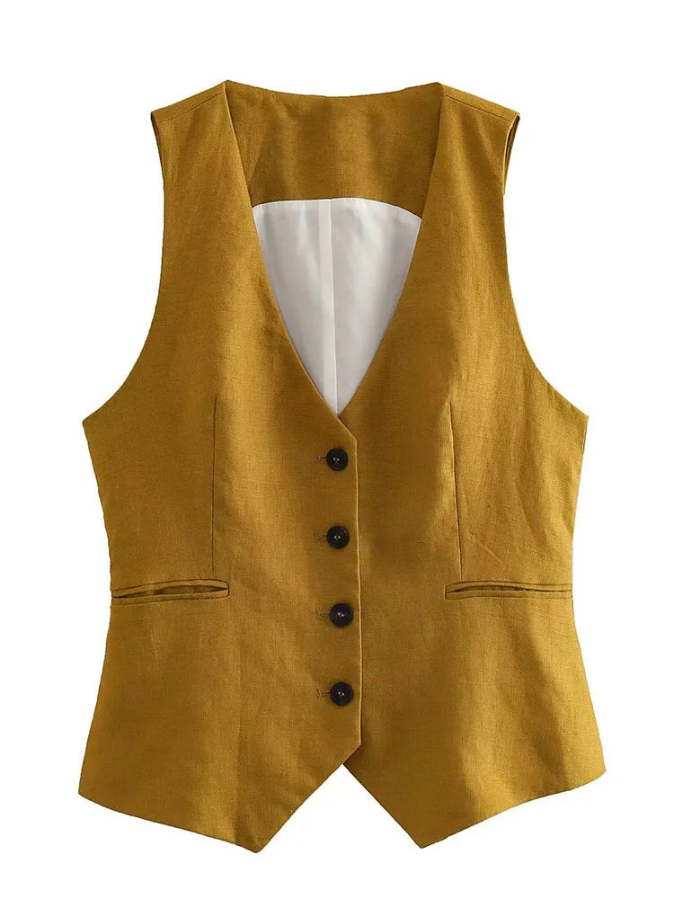 Willshela Women Fashion Two Piece Set Khaki Tank Tops & Straight Leg Pants Vintage V-Neck Single Breasted Female Chic Pants Suit