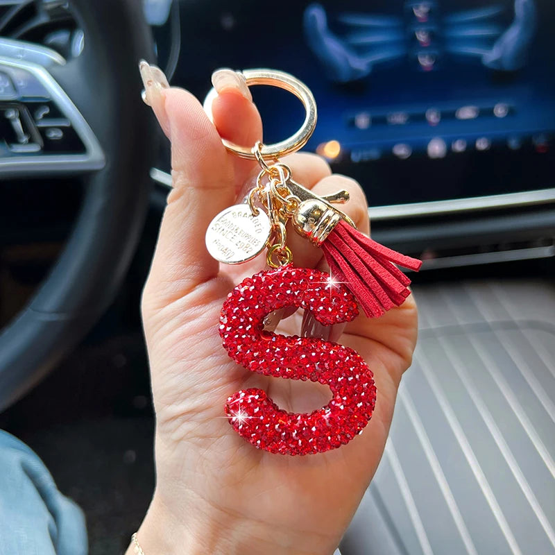 Red English letter car keychain, delicate with diamond bag, pendant, fashionable tassel key chain accessory