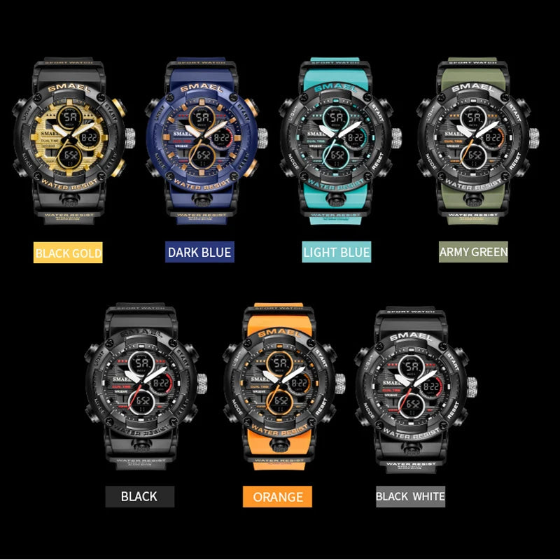 SMAEL Sport Watch for Male Quartz LED Digital Stopwatch Big Dial Clock Waterproof Dual Time Display Wristwatch