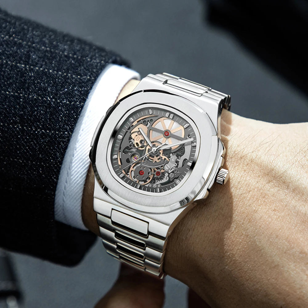 Power Reserve Mechanical Men Wristwatch Skeleton Stainless Steel Powerful Automatic Watches Square Waterproof Hand Clock Gift