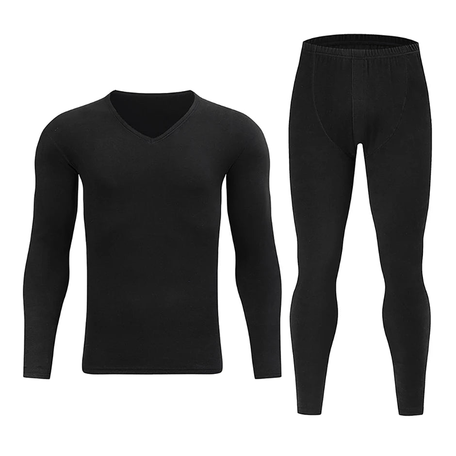 2-piece Men's Autumn And Winter Solid Color Casual V-neck Basic Warm Underwear Set Comfortable Sports And Fitness Base Shirt