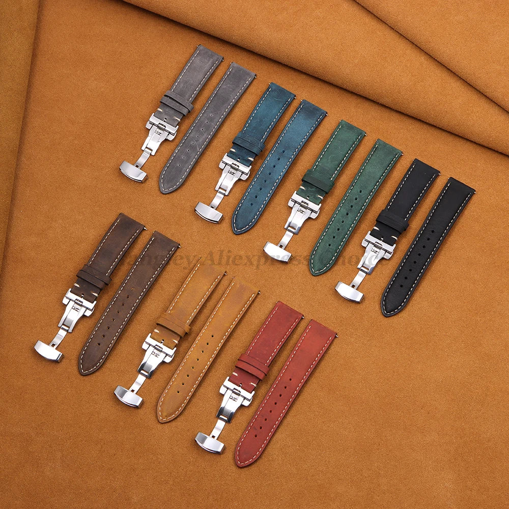 Genuine Calfskin Leather Watchband for Seiko for Omega Business Watch Band 14/16/18/20mm 22mm Butterfly Buckle Stitching Straps