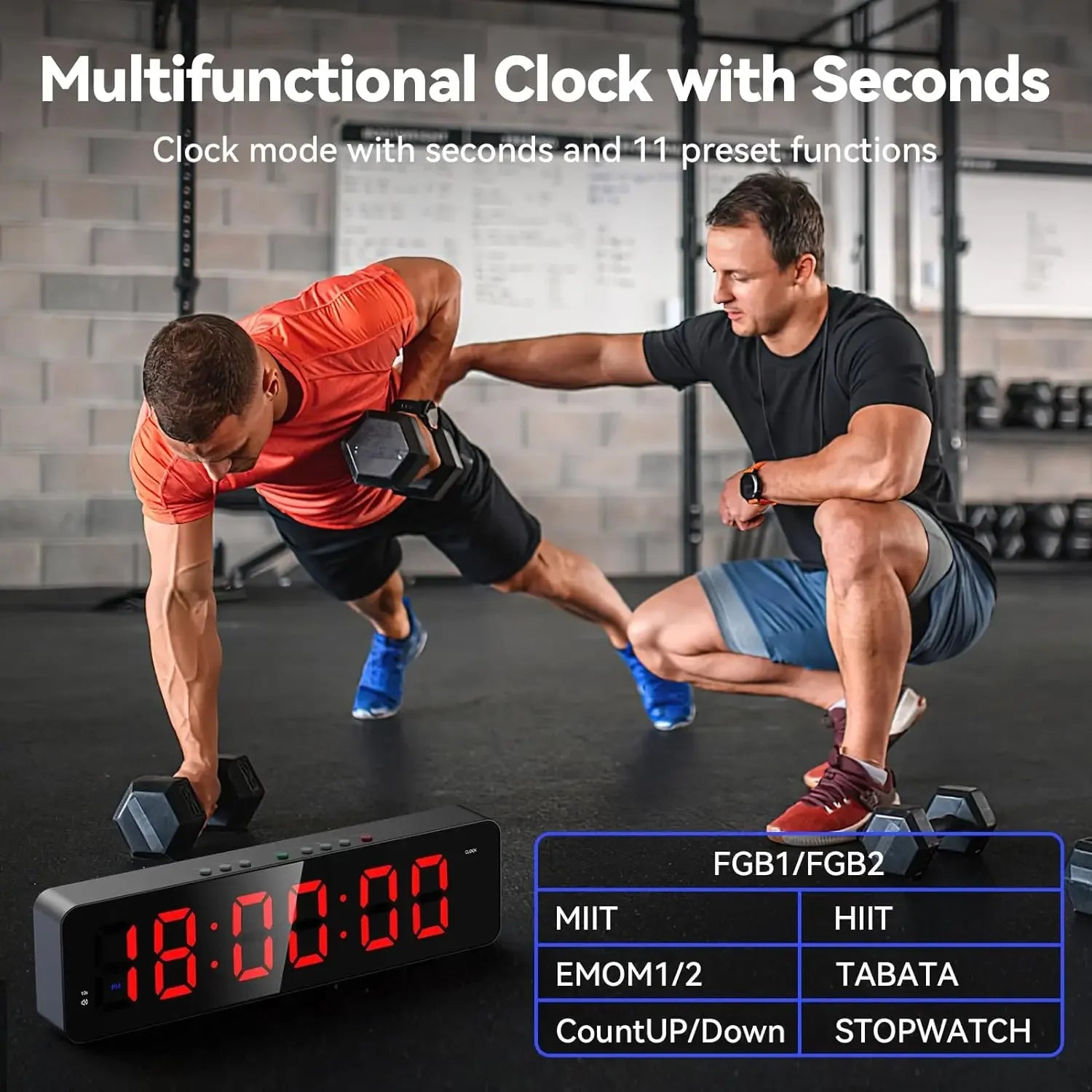 Gym Timer with Remote 12''x 3.5''Ultra-Clear Interval Timer with LED Countdown/Up Wall Clock Power Fitness Timer Stopwatch