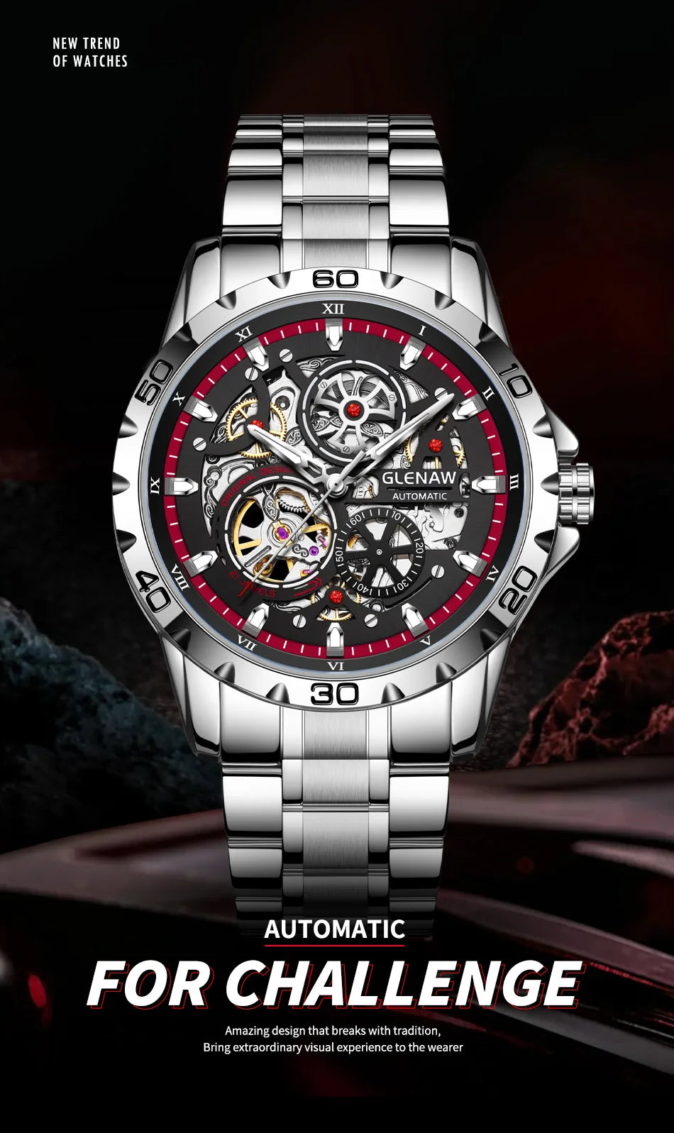2025 GLENAW NEW Steampunk Skeleton Men Watch Luxury Automatic Mechanical Watches Luminous waterproof Stainless Steel Strap Watch