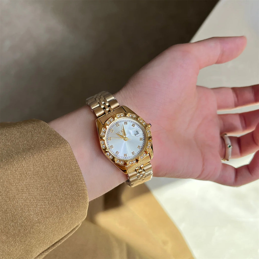Women's Crystal Accented with Solid Alloy Steel Band Watch Elegant Dress Quartz Calendar Watches for Women