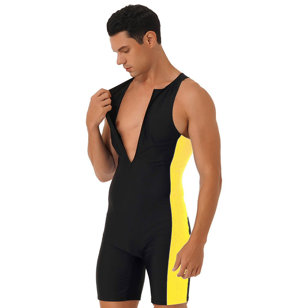 Men One-piece Swimwear Sleeveless Color Contrast Bodysuit Triathlon Wetsuit for Beach Pool Swimming Bathing Suits Male Swimsuits