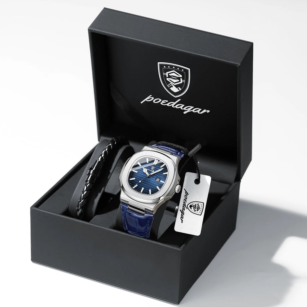 POEDAGAR Luxury Original Man Watch Date Waterproof Luminous Square Men Wristwatch High Quality Leather Men's Quartz Watches Male