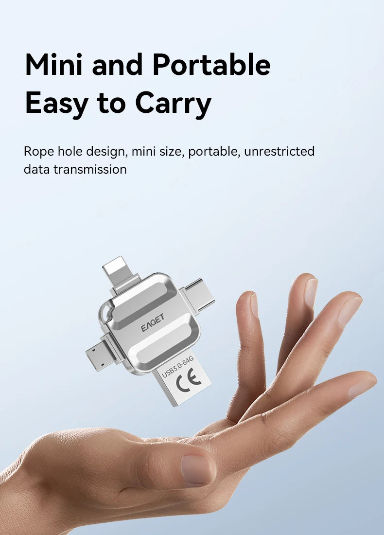 EAGET 4-in-1 OTG USB 3.0 Flash Drive[32GB/64GB/128GB/256GB] Type C Lightning Micro USB for iPhone Android, Memory Stick - i71