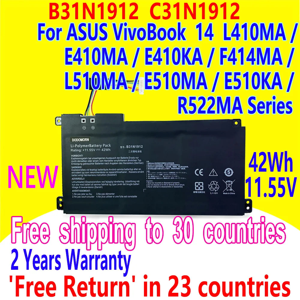 New C31N1912 B31N1912 Battery For ASUS VivoBook 14 E410MA L410MA E410KA E510MA E510KA F414MA L510MA R522MA Laptop 11.55V 42Wh