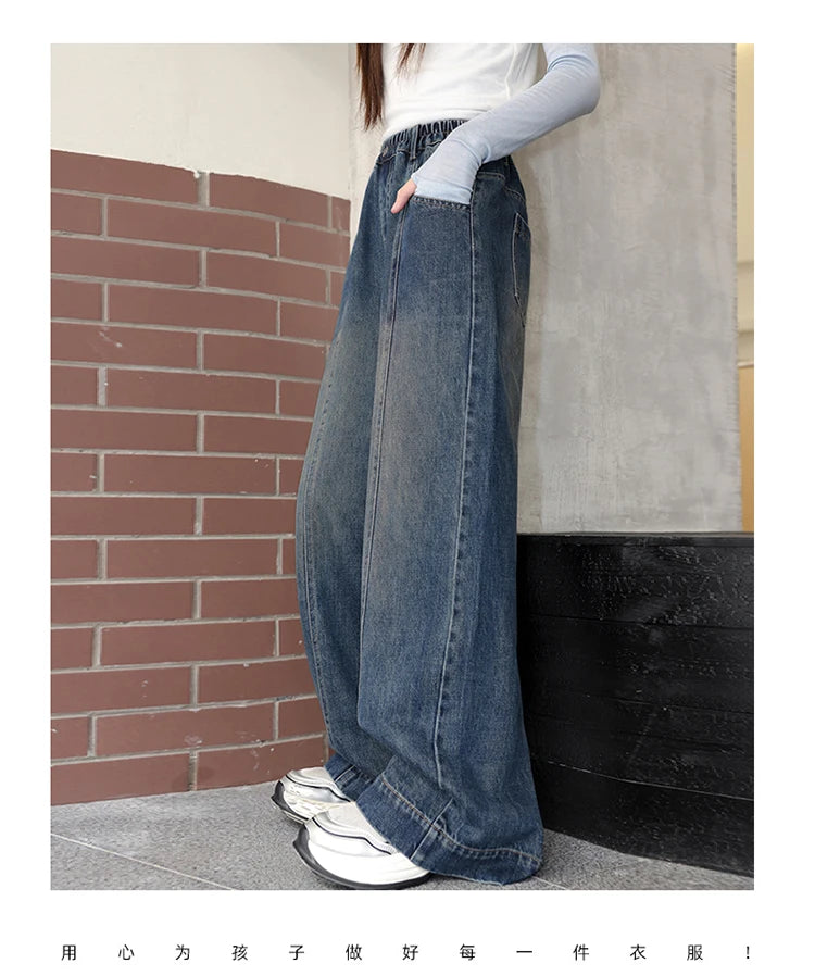 Teenager Girl Blue Jeans Fashion Retro Straight Leg Children Trousers Youth Lady Baggy Vintage Wash Casual Denim Pants Age 8-16Y