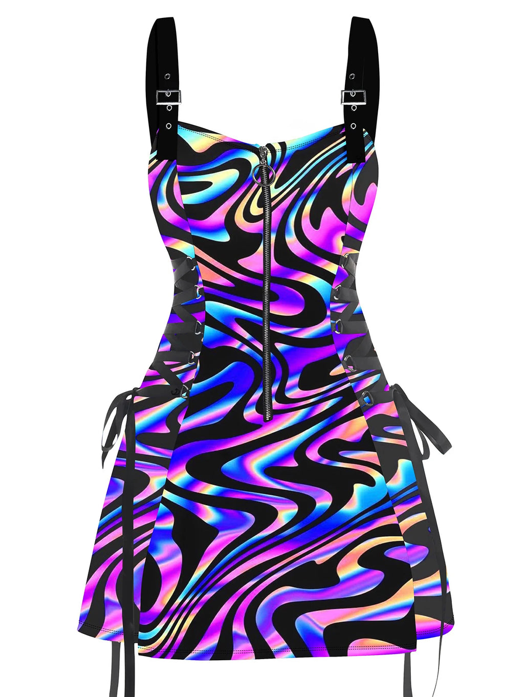 Dressfo 2025 Women's Dress Colorful Textured Graphic Print O-Ring Half Zipper Adjustable Buckle Shoulder Strap Sleeveless Dress