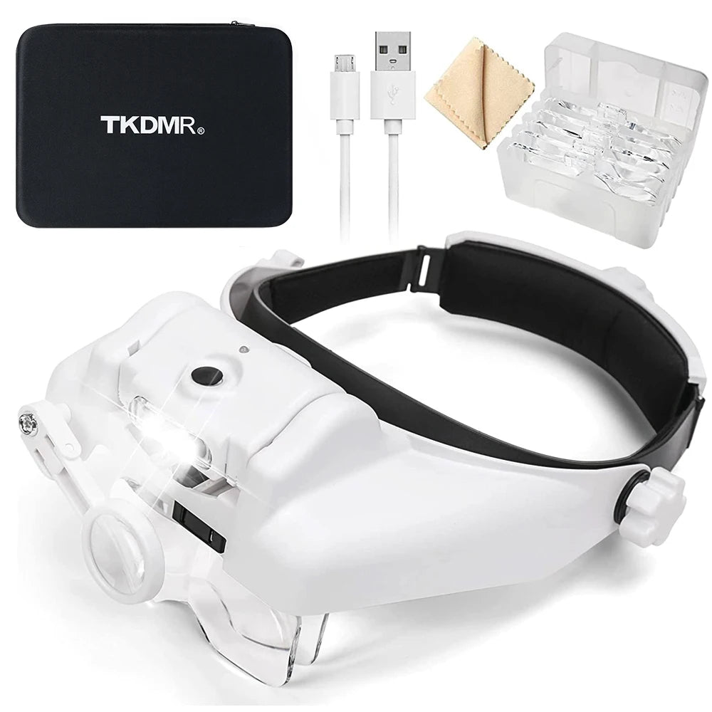 TKDMR USB Rechargeabl Head Mounted Binocular Eyewear Loupe Magnifier with 3LED Illuminated Headband Magnifying Glass For Reading