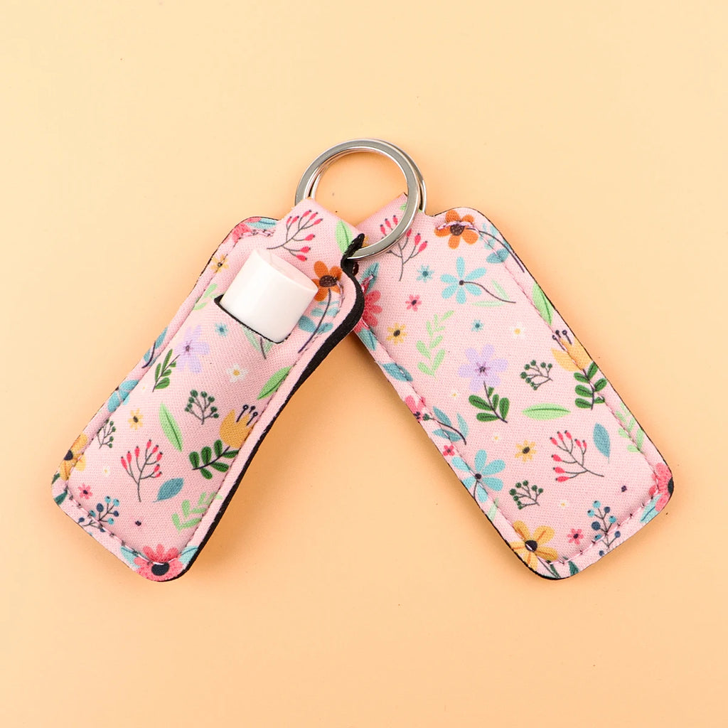 Flowers Clip On Lipstick Holder Keychain Daisy Print Simple Style Keyring Trendy Lip Balm Key Chain Bag Charms Accessories