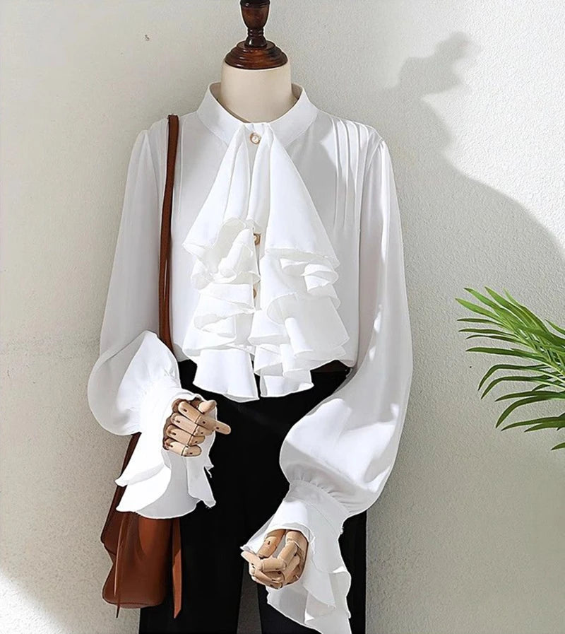 MEXZT Vintage White Shirts Women Elegant Ruffles Flare Long Sleeve Blouses Office Ladies Korean Single Breasted Design Chic Tops