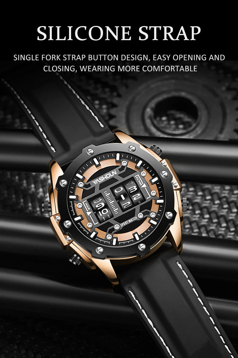 Men Quartz Watch Roller Digital Dial Design Silicone Strap Versatile Wristwatch Clock Waterproof Military Sports Clock