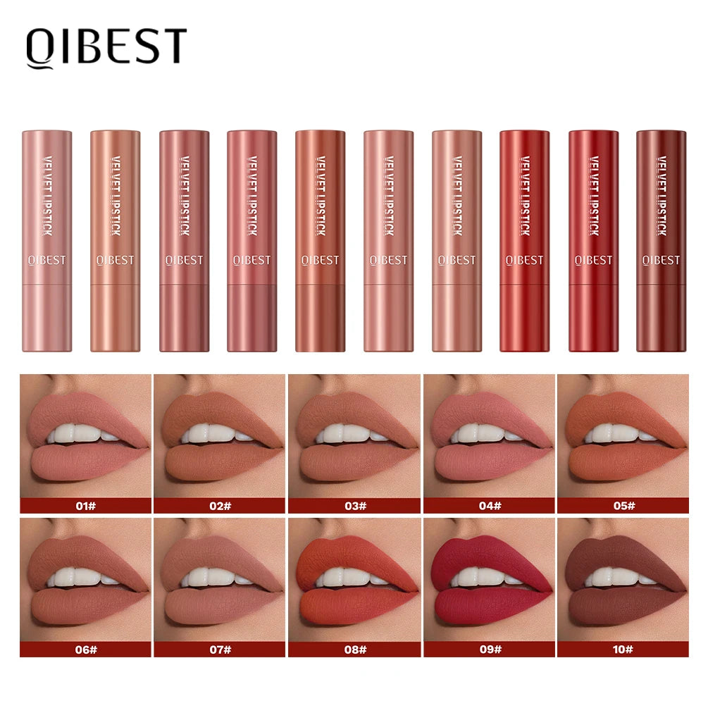 QIBEST Nude Lipstick Matte Lip Gloss High Pigment Makeup Classic Sexy Lipgloss Non-Stick Cup Long Lasting Red Lip Tint Cosmetics