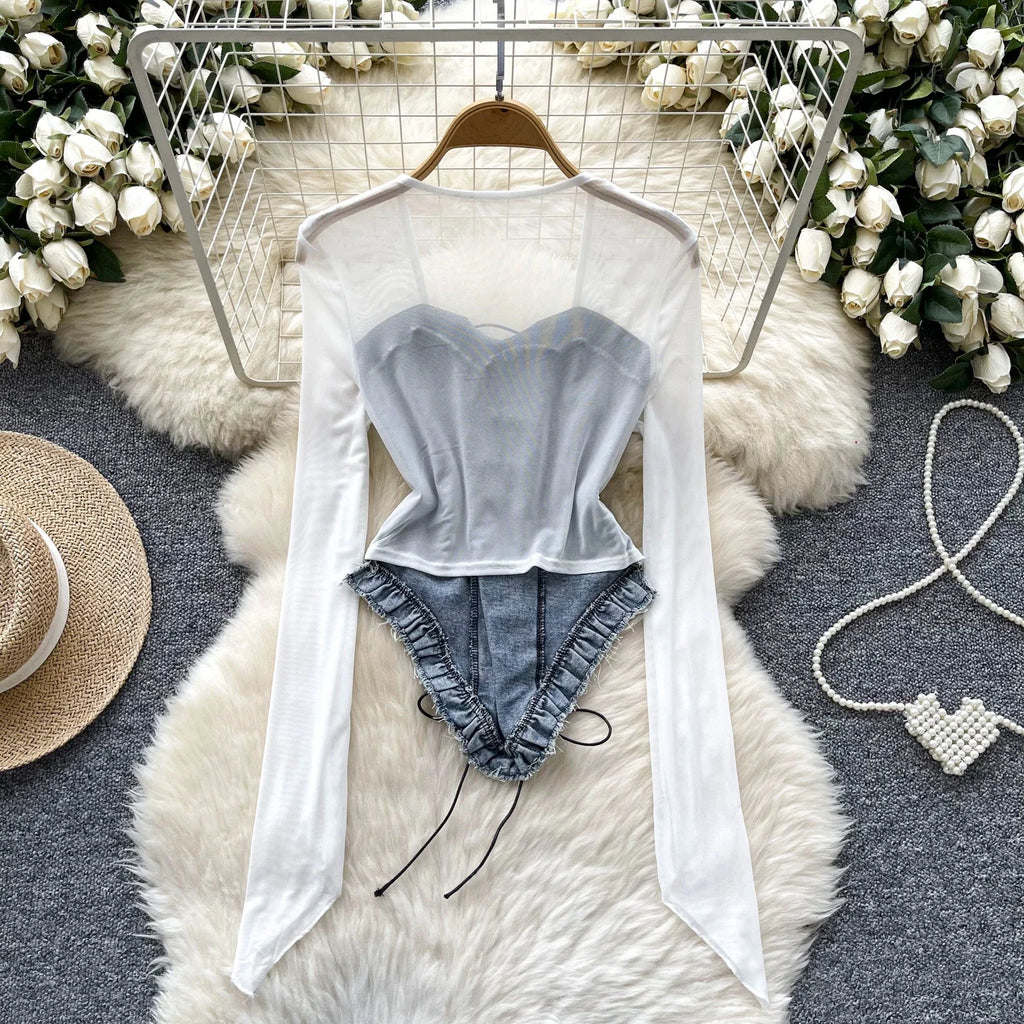 2025 New American Retro Patchwork Sexy Blouse Women Squre Neck Long Sleeves Sheer Top Streetwear Ins Lace Up Denim Shirt