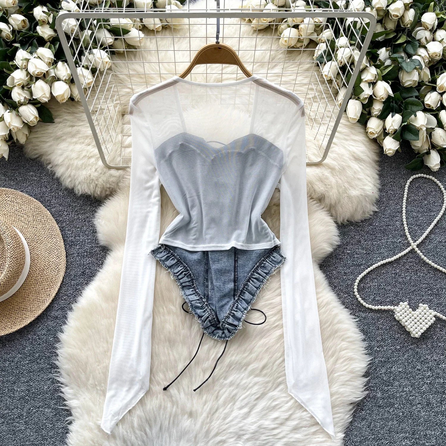 2025 New American Retro Patchwork Sexy Blouse Women Squre Neck Long Sleeves Sheer Top Streetwear Ins Lace Up Denim Shirt