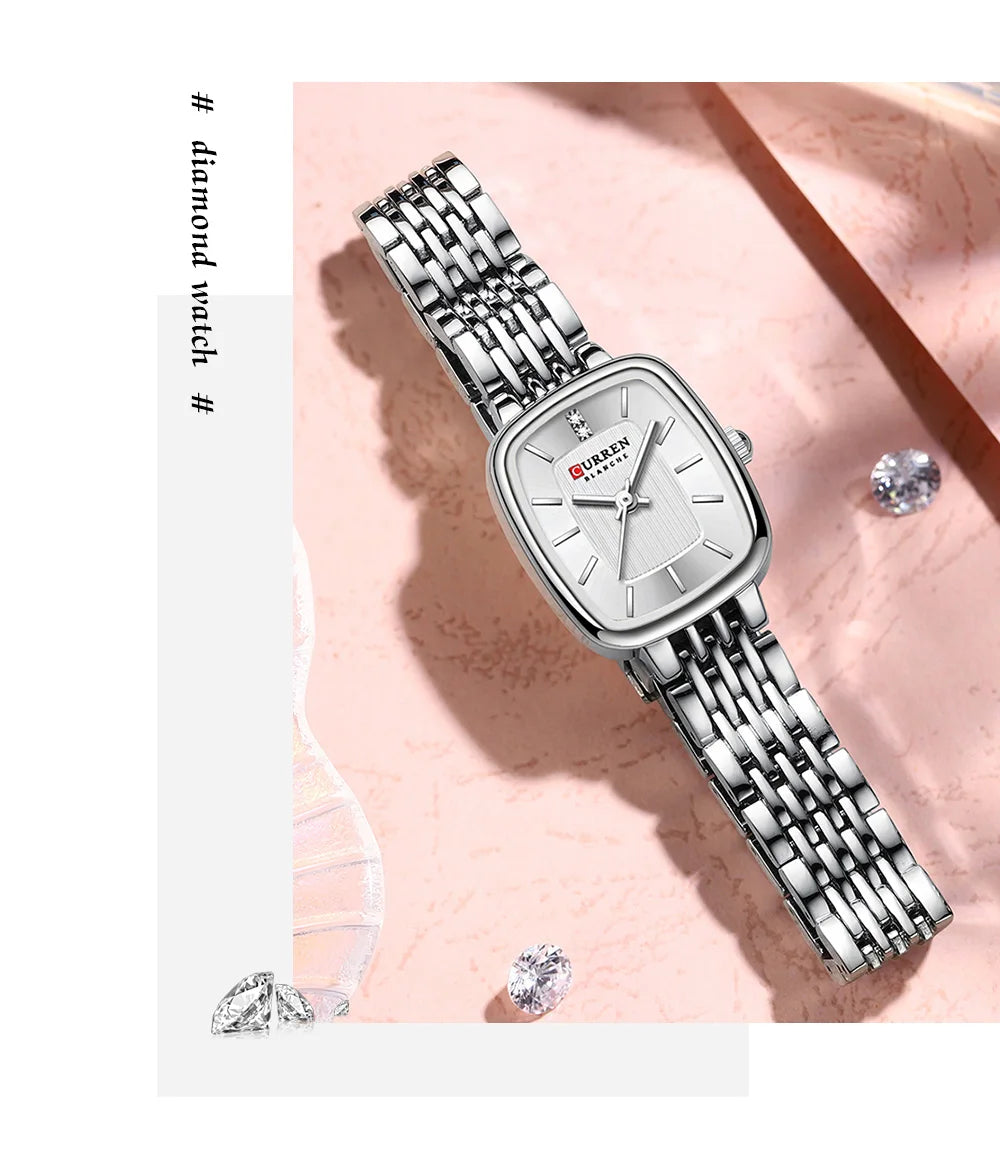Curren 9093 Square Quartz Watch for Ladies, Waterproof Minimalist Casual Wristwatch with Stainless Steel Strap