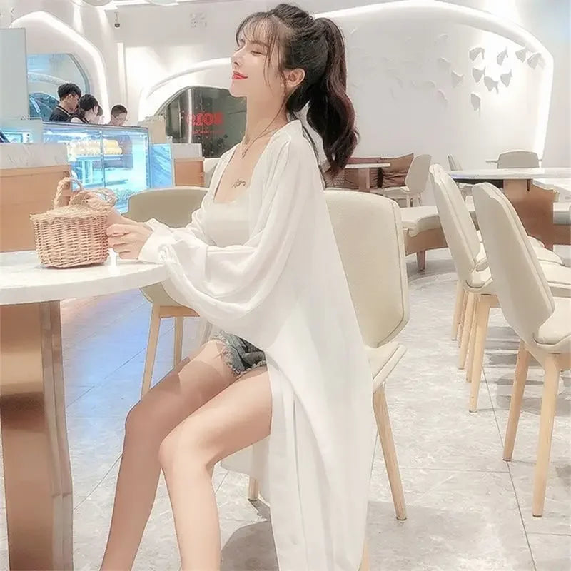 Long Shirts Women Summer Girls Sunscreen Clothing Seethrough Thin Loose Solid Simple Leisure All-match Korean Style Chiffon Tops