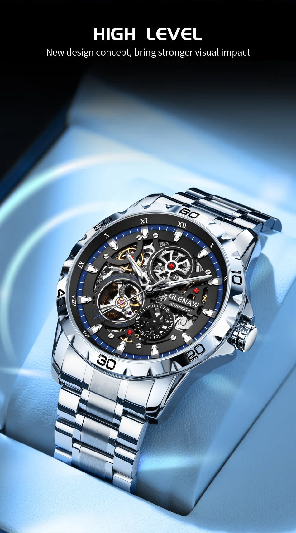 2025 GLENAW NEW Steampunk Skeleton Men Watch Luxury Automatic Mechanical Watches Luminous waterproof Stainless Steel Strap Watch