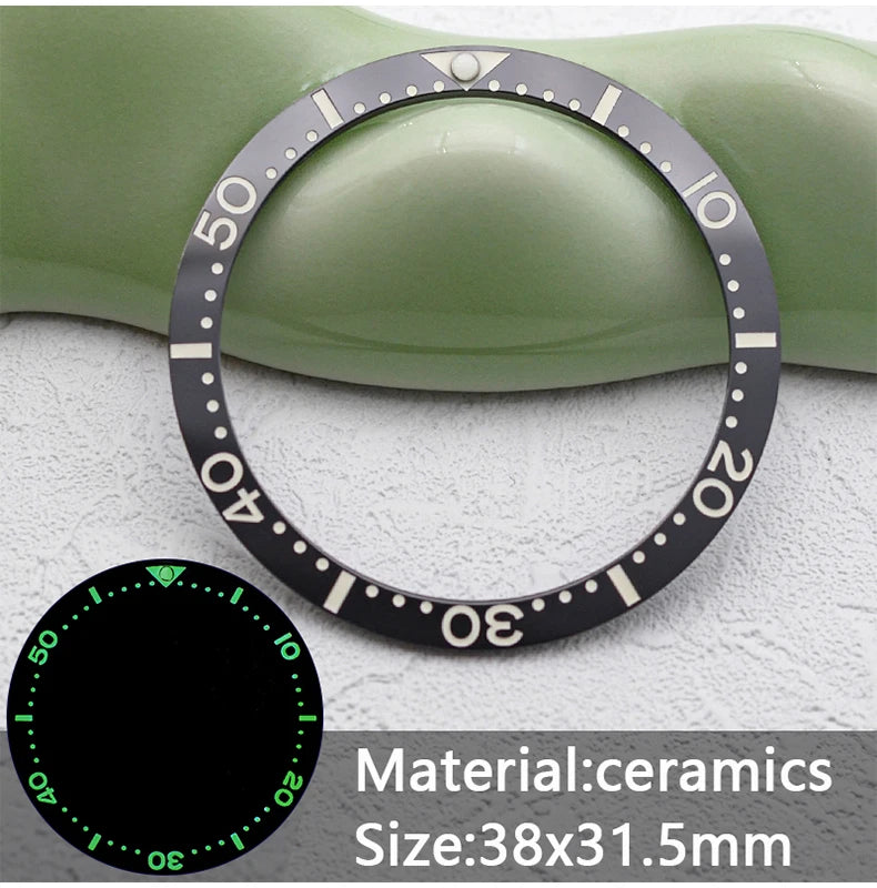 38mm x 31.5mm Flat Ceramic Luminous Bezel Insert for SKX007 SRPD Samurai King SPB185 Case Compatible, Replacement Ceramic Bezel