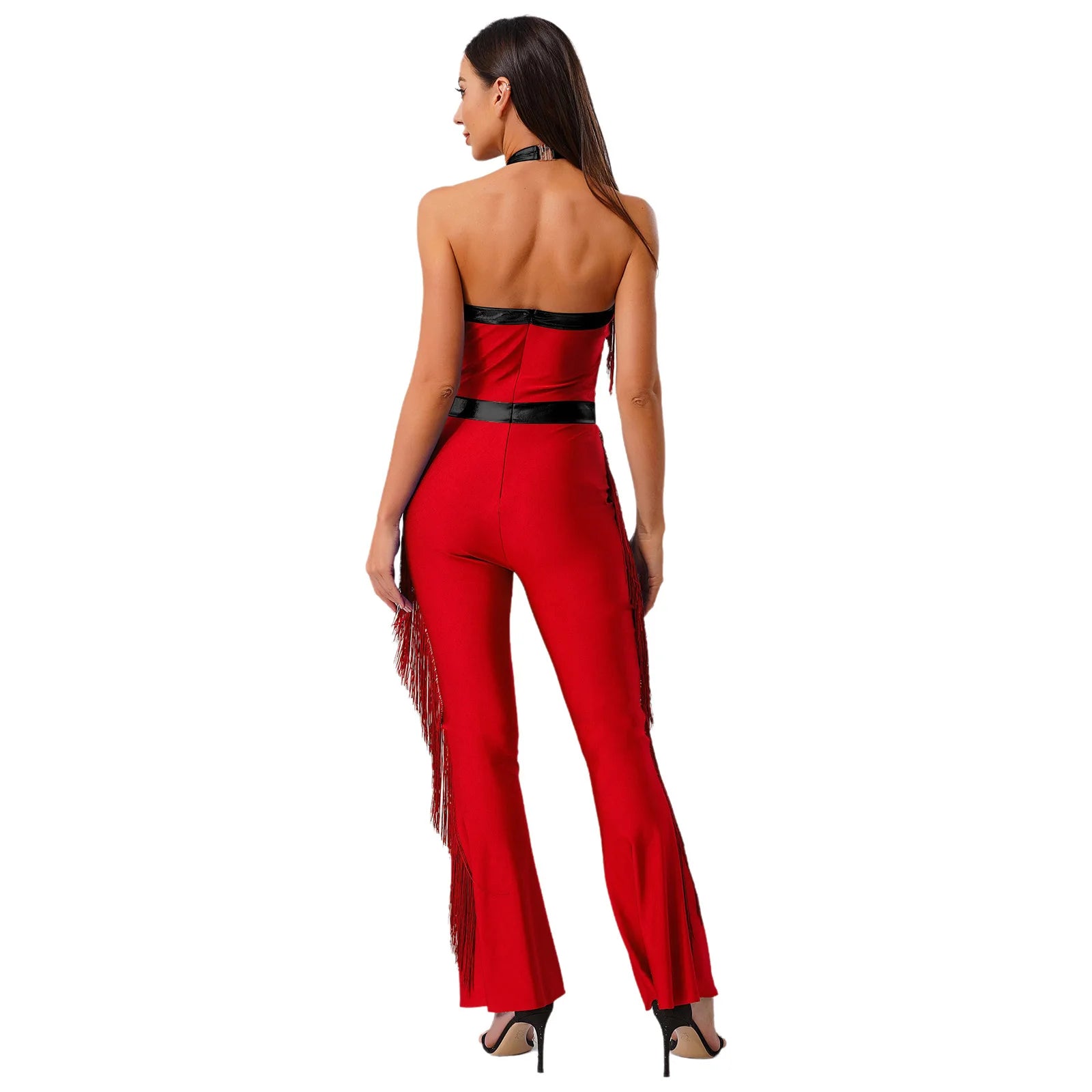 Womens 70s Disco Party Jumpsuit Halter Shiny Sequins Tassel Flared Pants Latin Jazz Dance Rompers Rave Festival Prom Clubwear