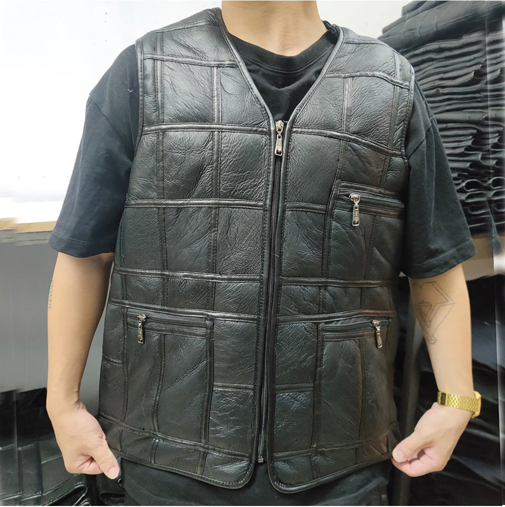 2026 Real Sheepskin Genuine Leather Vest Men Black Waistcoat Male Sleeveless Jacket Thick Motorcycle Vest Multi Pocket Zipper