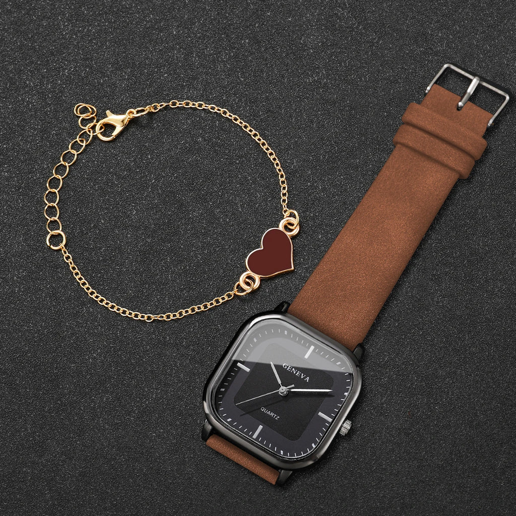 2PCS/Set Fashion Square Women Quartz Watch Ladies Leather Strap Wristwatch With Heart Bracelet Reloj Mujer (Without Box)