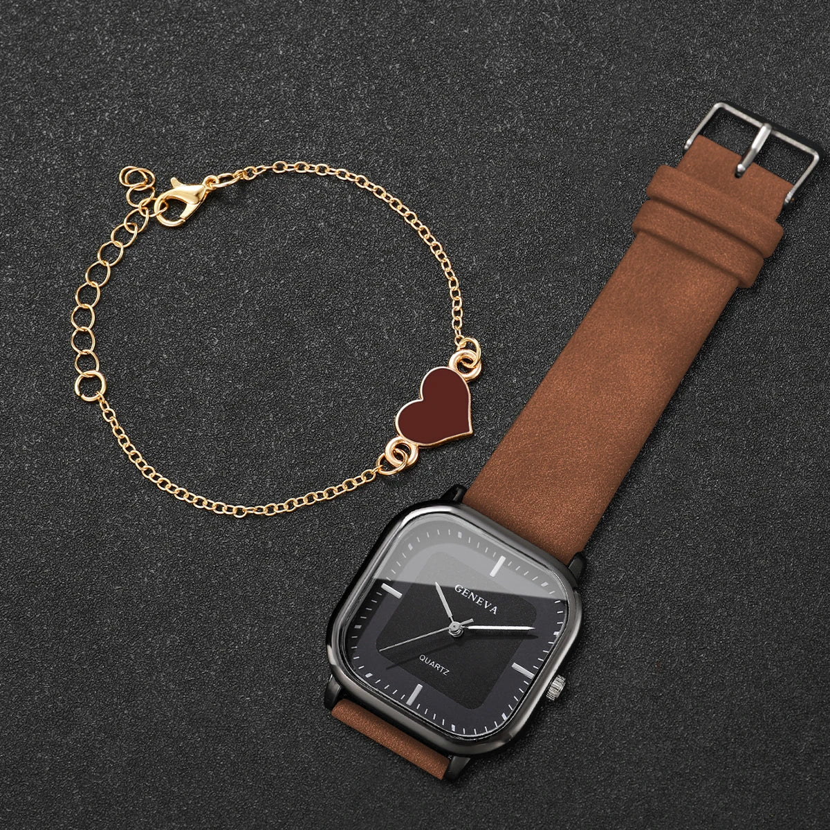 2PCS/Set Fashion Square Women Quartz Watch Ladies Leather Strap Wristwatch With Heart Bracelet Reloj Mujer (Without Box)